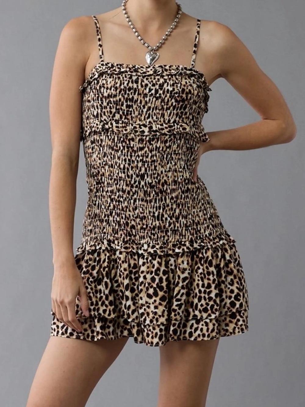 American Eagle Leopard Print Smocked Mini Dress